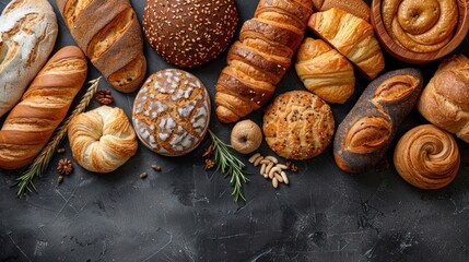 Bread rolls, baguette, bagel, sweet bun and croissant captured - obrazy, fototapety, plakaty
