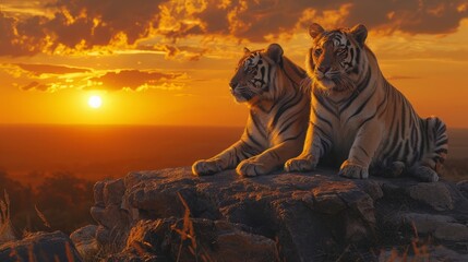 a couple of tigers at sunset - obrazy, fototapety, plakaty