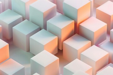 Obraz premium A picture of many white cubes under orange and pink and blue lights, 3D rendered and minimal isometric, AI Gene.rated