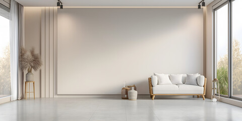 Wall Art Mockup, Interior Design, White Couch and Large Windows in Living Room, Empty Wall