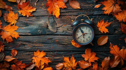 Daylight Saving Time. Alarm clock and orange color leaves on wooden table. Autumn time. Fall time change. Autumn leaves fall and winter approaches, the concept of daylight saving time