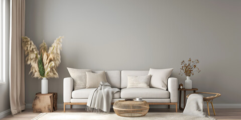 Wall Art Mockup, Interior Design, Modern Living Room With White Couch and Rug, Empty Wall