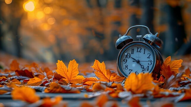 Daylight Saving Time. Alarm clock and orange color leaves on wooden table. Autumn time. Fall time change. Autumn leaves fall and winter approaches, the concept of daylight saving time