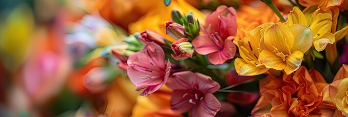 A close detailed photo of a bouquet of spring, summer, autumn flowers, a banner