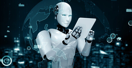 XAI 3d illustration Future financial technology controll by AI robot huminoid uses machine learning and artificial intelligence to analyze business data and give advice on investment and trading