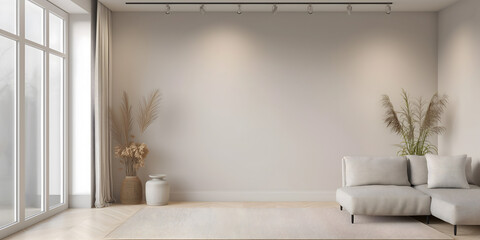 Wall Art Mockup, Interior Design, White Couch and Large Window in Living Room, Empty Wall