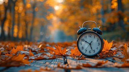 Daylight Saving Time. Alarm clock and orange color leaves on wooden table. Autumn time. Fall time change. Autumn leaves fall and winter approaches, the concept of daylight saving time