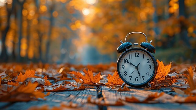 Daylight Saving Time. Alarm clock and orange color leaves on wooden table. Autumn time. Fall time change. Autumn leaves fall and winter approaches, the concept of daylight saving time