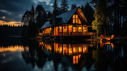 Obraz premium House near a lake. Atmospheric, calm, peaceful wooden house in nature. Generative AI
