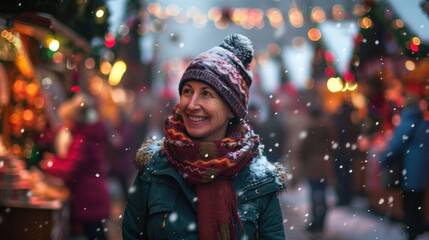 A woman stands at a Christmas market in with snow and lighted decorations in winter