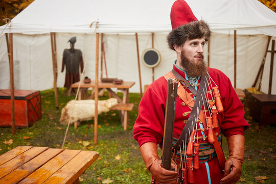Russian strelets (shooter) with musket during historical reconstruction