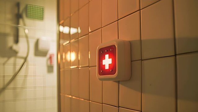 An emergency call button built into a bathroom wall with easytoread instructions for seniors to use in the case of a fall or other medical emergency.
