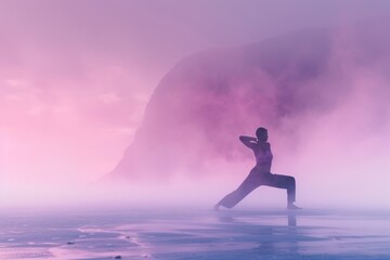 Close-up of a yogi in a warrior pose on a misty beach at sunrise, their figure defined against the lightening sky. The beach merges into a mist that captures the first light, with colors of lavender. - obrazy, fototapety, plakaty