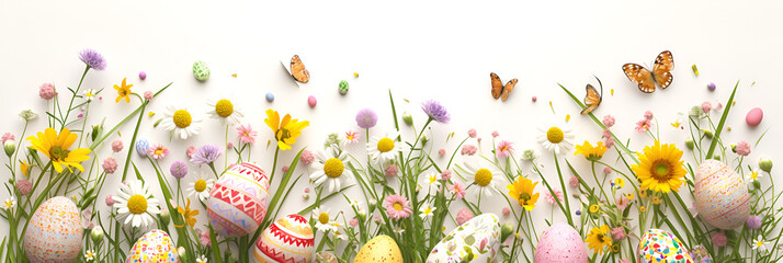 Spring flowers and easter eggs flatlay copy space Easter eggs and flowers in the nest on turquoise background. Festive banner, top view. Generative Ai