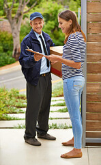 Package, clipboard and deliveryman with woman at her home gate for ecommerce shipping parcel....