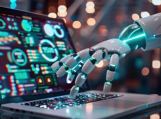 3D Rendering of an artificial intelligence robot hand working on a laptop with a digital screen