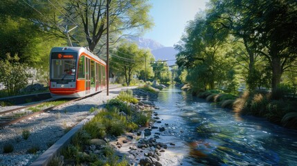 Trolley tram line between forests - obrazy, fototapety, plakaty