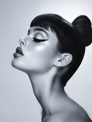 Fototapeta premium Portrait of a young albino model with a bold cat eyeliner and ample copy space