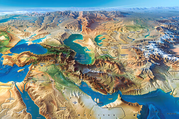 Comprehensive Geographic Map Illustration of Jordan - Includes Cities, Physical Topography, and Infrastructure - obrazy, fototapety, plakaty