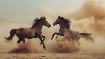 Stallions fighting in desert copy space isolated Two wild horses fuss and fight Horse France Camargue animal wildlife grey Stallion Gelding, Generative AI - obrazy, fototapety, plakaty