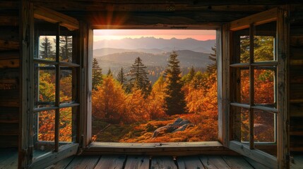 View through open window to autumn wilderness at sunrise