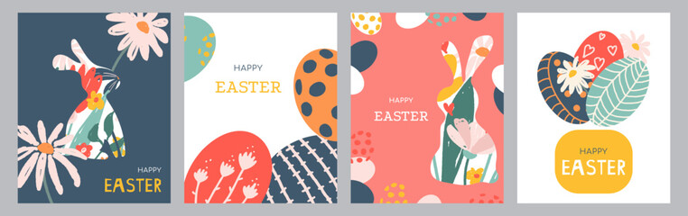 Happy Easter greeting cards set. Holiday posters design with spring flowers, bunny and eggs. Modern art style. Hand drawn vector illustration