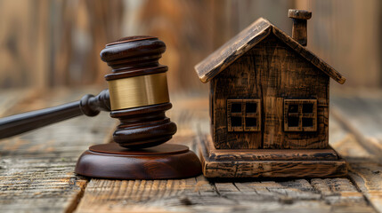 wooden house icon and gavel, white background. Wooden gavel and small house model on table. Legal real estate auction concept. Studio photography for design and print with copy space