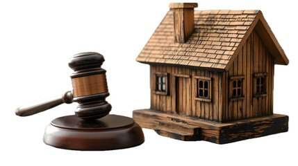 Wooden gavel and house model isolated on white background. Property law and real estate auction concept. png file of isolated cutout object on transparent background