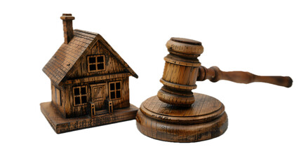 Wooden gavel and house model isolated on white background. Property law and real estate auction concept. png file of isolated cutout object on transparent background