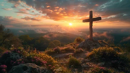 Foto op Plexiglas wooden cross on the top of the mountain © saka