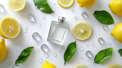 Citrus leaves sliced lemons and perfume bottle with water drops on a white background - obrazy, fototapety, plakaty