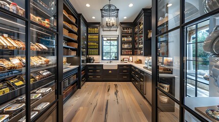 Floor to ceiling glass pantry showcasing organized provisions