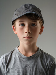 Young boy's portrait featuring a relaxed yet neutral look, wearing a gray cap and T-shirt