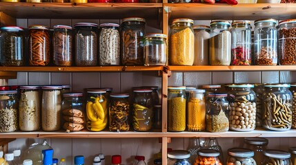 food supplies on shelves in a room, pantry and storage of food, emergency supplies or prepper. - obrazy, fototapety, plakaty
