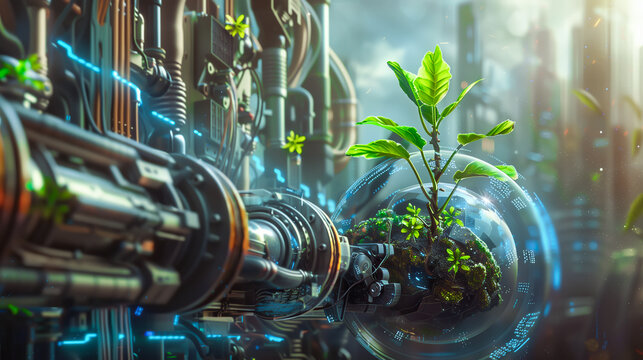 Sustainable plants thrive amidst digital infrastructure in a harmonious blend of nature and technology. The integration of sustainable practices with advanced digital technologies. Generative AI.