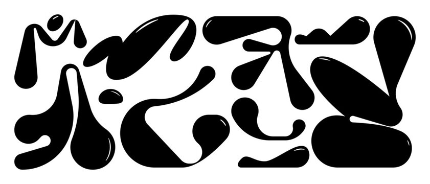 Liquid abstract organic blob shapes set. Wavy elements bubbles and drops in trendy y2k style.