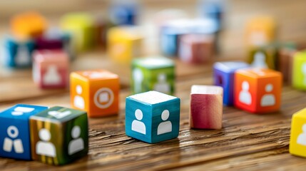 tangram puzzle blocks with people icons over wooden table ,human resources and management concept