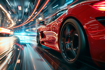 red sport car overtaking in the street , speed line effect - obrazy, fototapety, plakaty