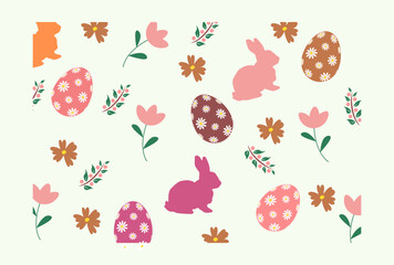 seamless pattern for easter on a white background. Easter eggs, branches, flowers in pastel gentle colors. spring easter pattern for wrapping paper, textile, wallpaper. Happy easter holiday elements - obrazy, fototapety, plakaty