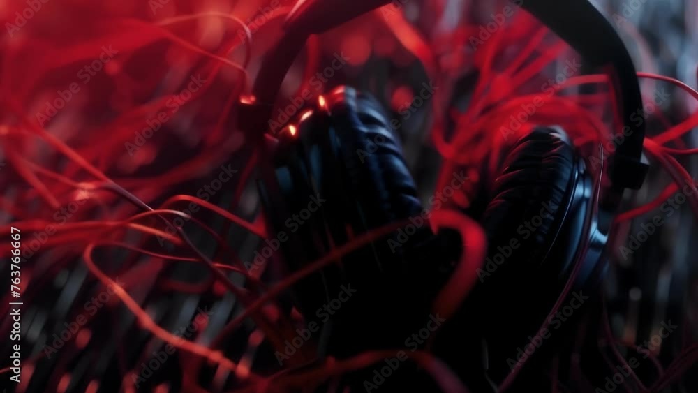 Poster a detailed shot of a players headset the cord tight and tangled as they lean forward in intense conc