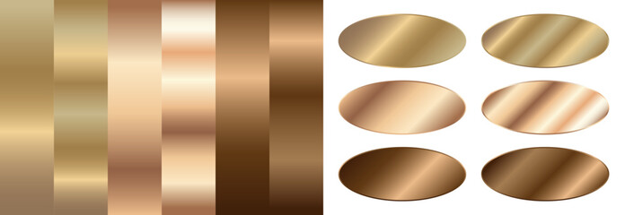 Gold gradient, rose gold gradient and bronze gradient. Vector set of metallic gradients and oval stickers.
