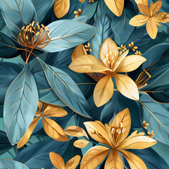 A stunning contrast is created by gleaming aquamarine leaves and golden flowers, exuding vibrancy, luxury, and elegance.