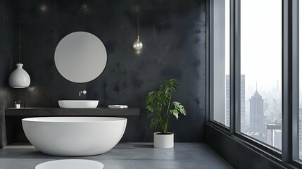 Interior of modern bathroom with concrete and black walls, concrete floor and comfortable white sink with round mirror, bathtub, plant, pendant light. Window with city view