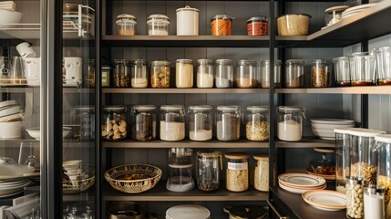 kitchen pantry storage room for home supplies organized with food containers and glass jars on shelves racked cabinets - obrazy, fototapety, plakaty