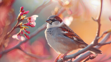 Tree sparrow bird on a branch. Sparrow bird perched on tree branch. House sparrow songbird (Passer domestics) sitting singing on brown wood branch isolated on bright background. Sparrow bird wildlife
