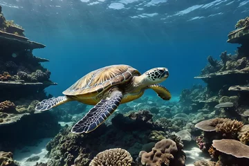 Foto op Plexiglas A large sea turtle swims among corals © Юлия Жигирь