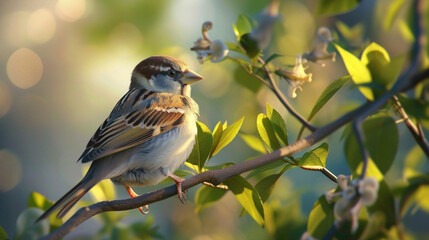 Tree sparrow bird on a branch. Sparrow bird perched on tree branch. House sparrow songbird (Passer...