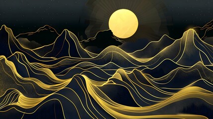 landscape wallpaper design with Golden mountain line arts, luxury background design for cover, invitation background, packaging design, fabric, and print.  - obrazy, fototapety, plakaty