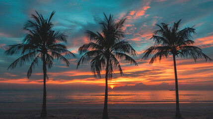 A tranquil beach sunset with palm trees silhouetted against the colorful sky photography