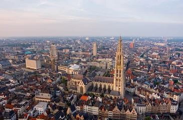 Fototapeten Antwerp, Belgium.Cathedral of Our Lady of Antwerp. Summer morning. Aerial view © nikitamaykov